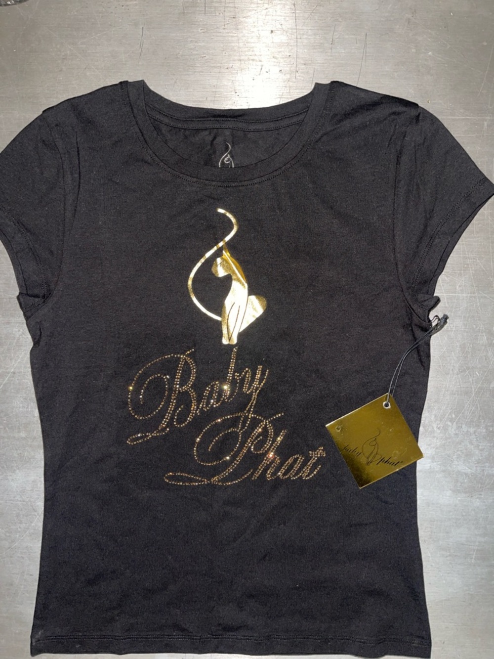 New Baby Phat Black Short Sleeve Tee with Gold Logo. Size Medium